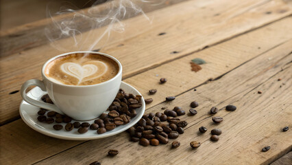 Obraz premium Coffee cup with heart shape latte art and coffee beans on old wood background with copy space