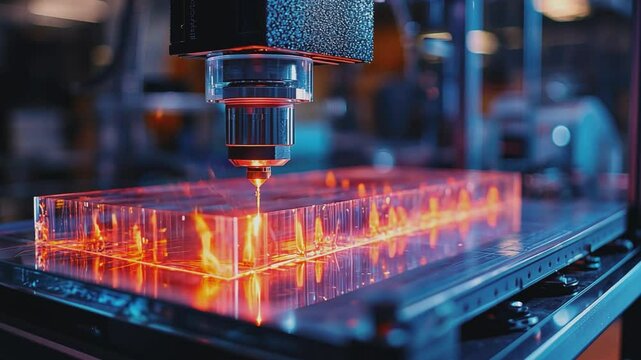 Laser Etching Precision: A close-up shot captures a state-of-the-art laser etching machine meticulously engraving intricate patterns onto a transparent acrylic block, bathed in a captivating glow.