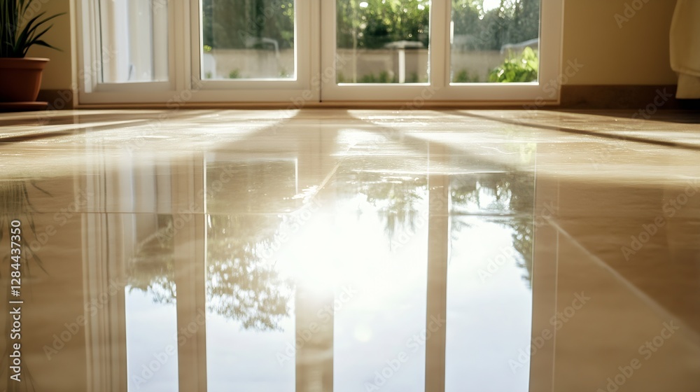 Aufkleber Shiny polished floor reflecting natural light in a bright and airy room with large windows : Generative AI