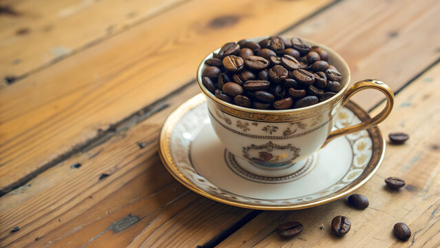Antique espresso coffee cup filled with aromatic freshly roasted beans on vintage wooden table - Powered by Adobe