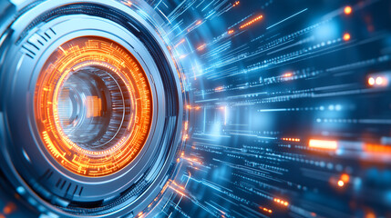 A vibrant digital tunnel showcases swirling blue data streams and glowing orange patterns. This futuristic design suggests motion and energy, creating an immersive experience