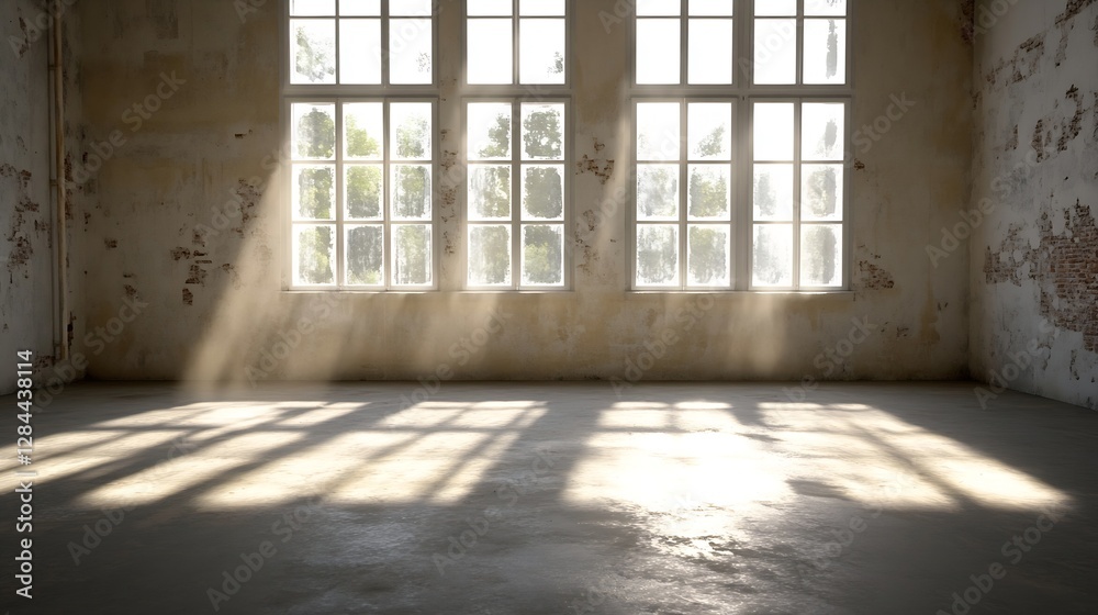 Poster bright sunlight streaming through large windows onto a worn concrete floor in an abandoned room : ge