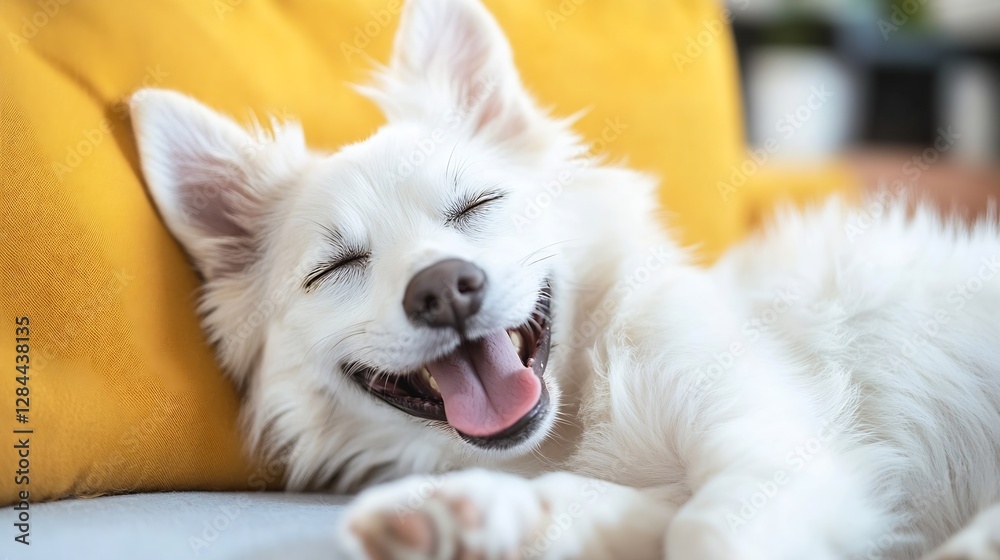 Poster happy white dog comfortably resting on a sofa with a cheerful expression and soft fur : generative a