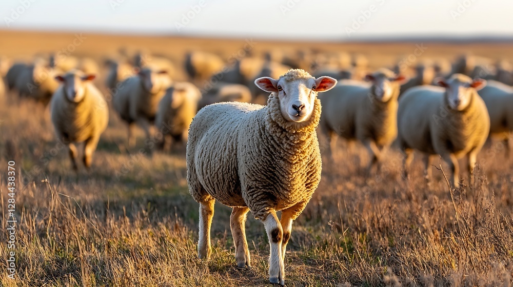 Poster curious sheep walking towards the camera in a grassy field during sunset : generative ai