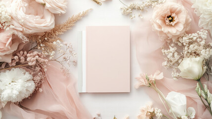 Pink and white flowers surrounding a soft pink notebook with a blank page, representing a gentle, elegant mood perfect for stationery, invitations, or floral-themed designs.