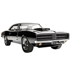 A Vintage Muscle Car with Glossy Black Exterior Isolated on Transparent Background