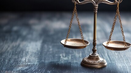 Classic Bronze Balance Scale Symbolizing Justice on a Wood Table : Generative AI