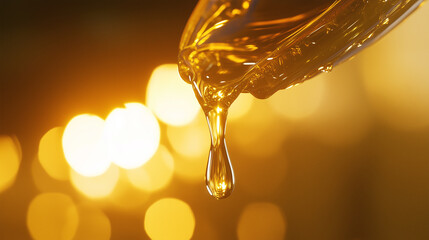 Golden Liquid Dripping from Nozzle in Warm Lighting