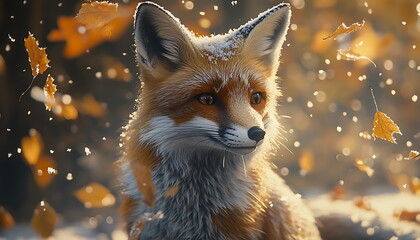 Fototapeta premium Close up red fox, standing in autumn forest, Generative AI