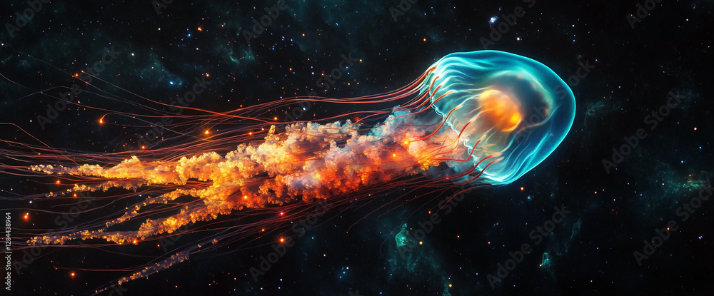 Poster a luminous jellyfish with bright glowing tentacles moving through the dark ocean, displaying a cosmi