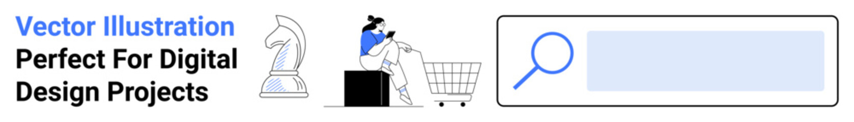 Woman seated with a shopping cart using a laptop, chess knight symbolizing strategy, and a search bar. Ideal for e-commerce, digital marketing, strategy, online services, innovation, business growth