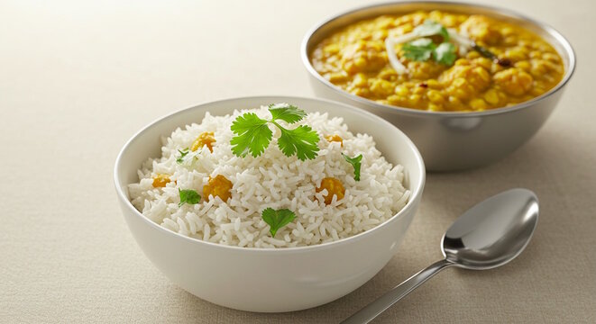 traditional homemade Indian Gujarati food rice with stew recipe dal curry tangy dal also known in india as Hyderabadi khatti dal, masoor dal, lentil dal, chana dal, dal fry