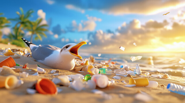 A seagull is perched on a sandy beach, surrounded by various pieces of litter during a colorful sunset. The scene illustrates the ongoing problem of ocean pollution affecting marine life