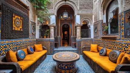 Moroccan Riad Interior; Relaxing Seating Area;  Decorative Tile & Woodwork;  Bright, Open Courtyard