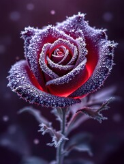 gothic rose in frost, shining from within with red light