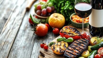 Farm-to-table cuisine ensures fresh quality. Grilled vegetables and steak with wine on a rustic wooden table.