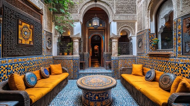 Moroccan Riad Interior; Relaxing Seating Area;  Decorative Tile & Woodwork;  Bright, Open Courtyard
