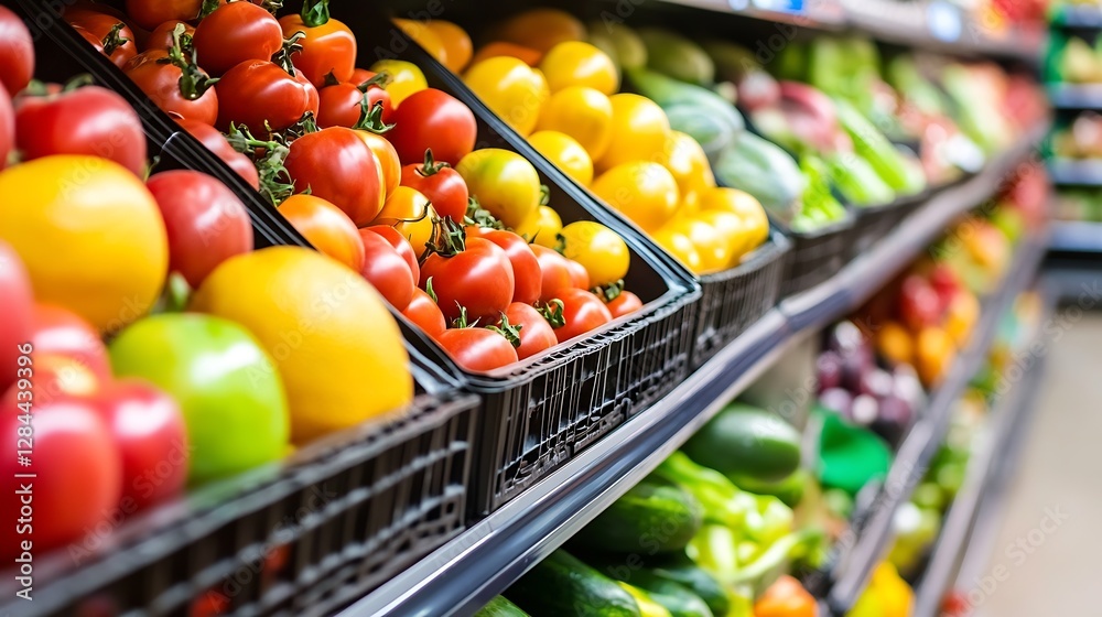 Poster vibrant fresh produce display in a modern grocery store featuring colorful fruits and vegetables : g
