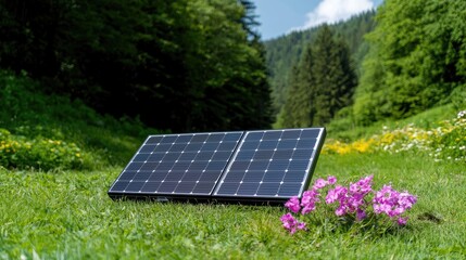 Portable solar panel in green meadow, mountain background, clean energy
