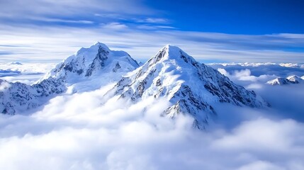 Breathtaking view of snow capped mountains above the clouds during daytime : Generative AI