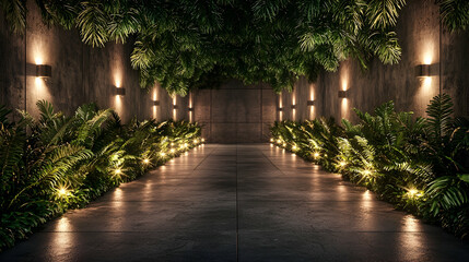 Fototapeta premium Nighttime garden path, concrete walls, tropical plants, ambient lighting, event backdrop