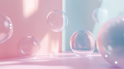 A serene composition of translucent bubbles floating against a pastel backdrop, creating a dreamy and whimsical atmosphere.