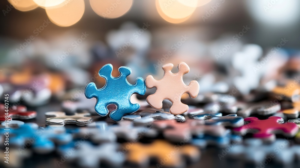 Poster CloseUp of Colorful Puzzle Pieces on a Table Creating a Sense of Fun and Challenge : Generative AI