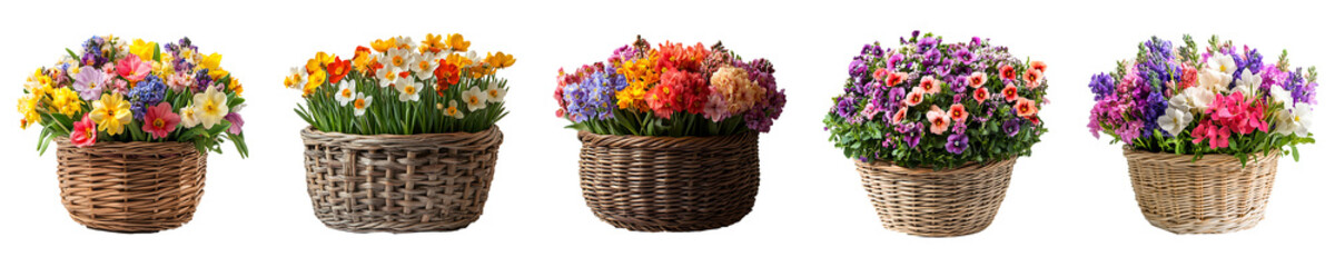 Set, Group of Spring flower basket Isolated on Transparent Background&nbsp;PNG&nbsp;Image.