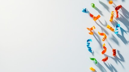 Fototapeta premium Colorful streamers in vibrant shades of orange, green, blue, and yellow cast playful shadows on a clean backdrop.