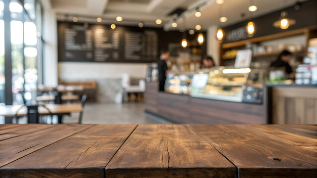 Empty brown wooden table with blurred Coffee shop background for photo editing or product showcase.
