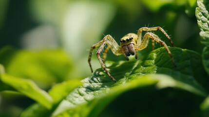 A close-up of a vibrant yellow spider perched on green leaves, showcasing its intricate details and natural habitat.