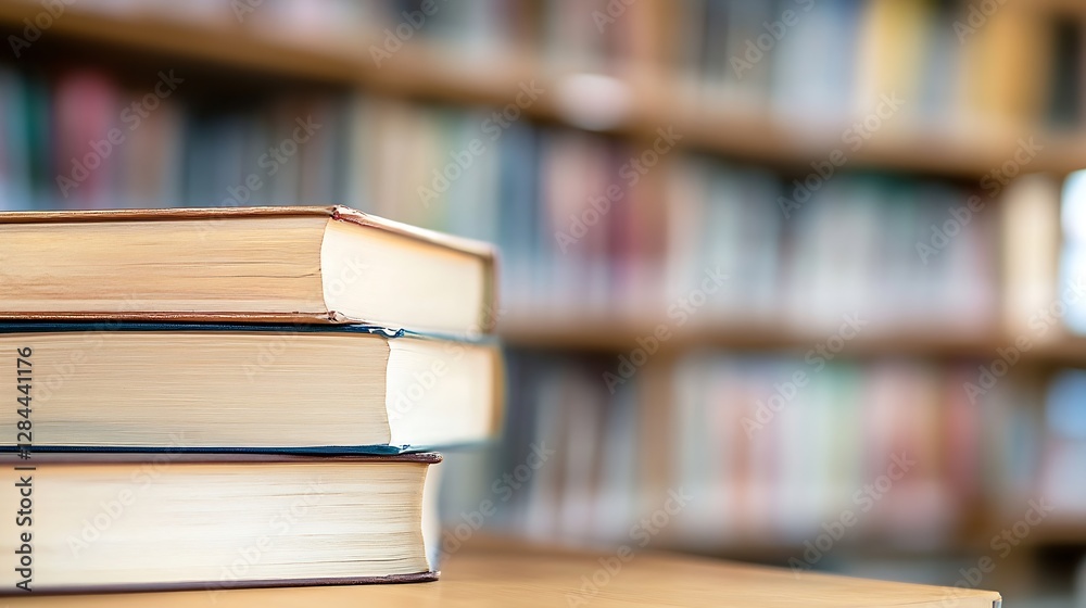 Poster Stack of Three Books on a Table with a Blurred Library Background : Generative AI