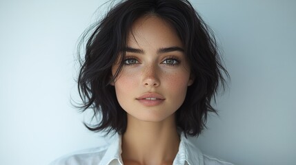 Photograph of an attractive woman with black hair in a bob cut hairstyle, wearing a formal shirt against a white background.