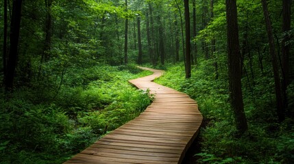 A winding wooden pathway through a lush green forest, surrounded by tall trees and vibrant foliage.