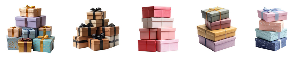 Obraz premium Set, Group of Stack of gift boxes Isolated on Transparent Background&nbsp;PNG&nbsp;Image.