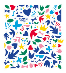 Collections de symboles représentant la liberté, la nature, le mouvement, l'amour, la musique, la fête, le printemps