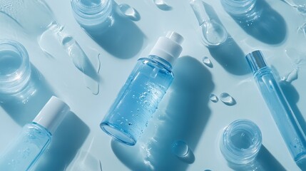 A collection of elegant blue skincare bottles and jars arranged artistically on a light blue surface, evoking a fresh and calming vibe.