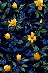 A striking pattern shows yellow flowers intermingling with delicate blue blooms against a rich blue backdrop, creating a lively and cheerful ambiance