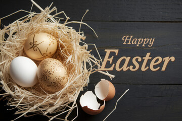 Happy Easter. Congratulatory easter background. Easter eggs and flowers. Selective focus.
