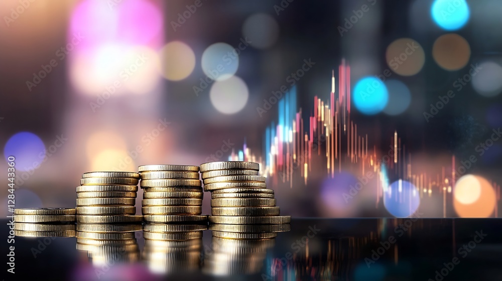 Poster Stacks of gold coins with a blurred background representing investment growth and financial success : Generative AI