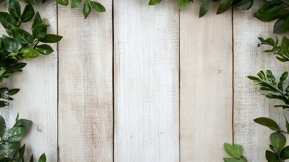 Aufkleber Elegant greenery frame on rustic wooden background perfect for social media or creative projects : Generative AI