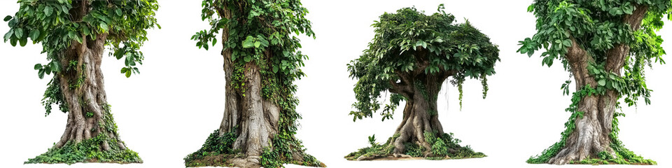 set of A huge tree trunk surrounded by green vines, a huge tree root covered with green vines, an ancient tree trunk covered with vines, green vines surrounding the tree, on a transparent backgrounds