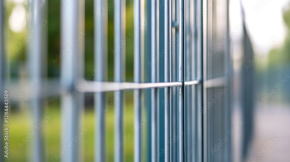 Poster closeup perspective of a metallic fence with sunlight casting shadows on the ground surrounded by gr