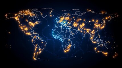 Glowing Lights Illustrate Connections and Data Across World Continents