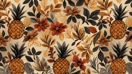 Vintage pineapple pattern with floral details and warm colors