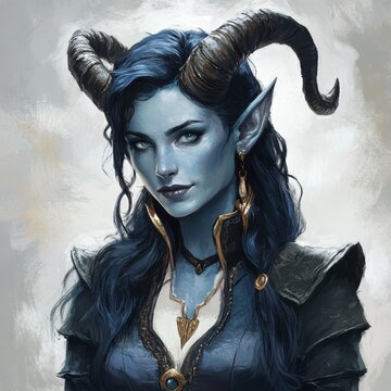 A captivating blue-skinned female tiefling with striking features and dark hair adorned with horns stands confidently. The background reflects a mystical ambiance, enhancing her magical presence
