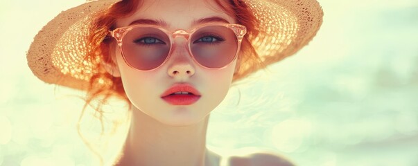 Fototapeta premium Young woman in sunglasses and straw hat on sunny beach day