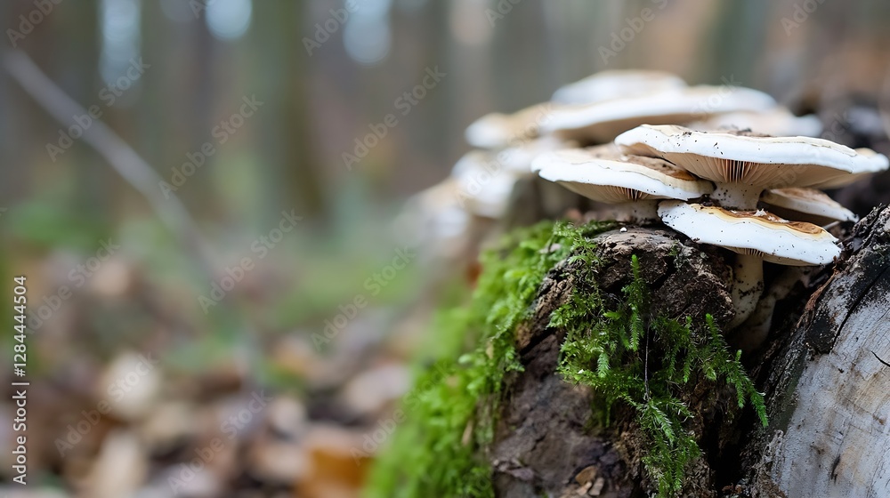 Poster Closeup of mushrooms growing on a mossy log surrounded by a forest backdrop : Generative AI