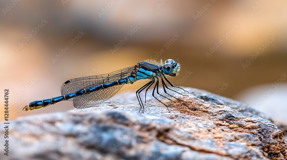 Poster stunning close up of a vibrant dragonfly perched on a rock in natural habitat showcasing its colorfu