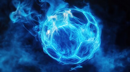 A glowing blue soccer ball surrounded by ethereal smoke against a dark background.